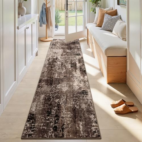 2x8 Brown Rug Runners for Hallways Kitchen Runner Rug Non Slip Washable Black Long Runner Rugs with Rubber Backing Soft Abstract Carpet Runner for Bedroom, Kitchen, Bathroom, Entryway by OmpaaHomeDecor
