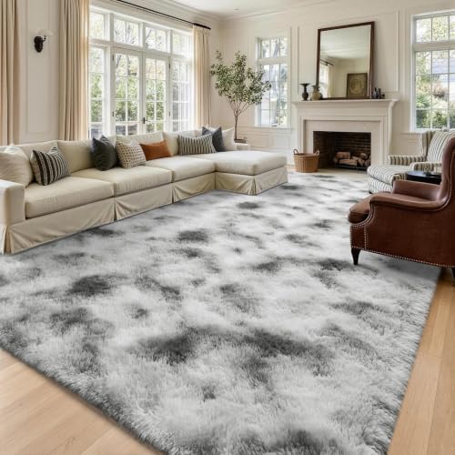 8x10 Extra Large Tie-Dyed Grey and White Fluffy Area Rug Non-Slip for - Image 2