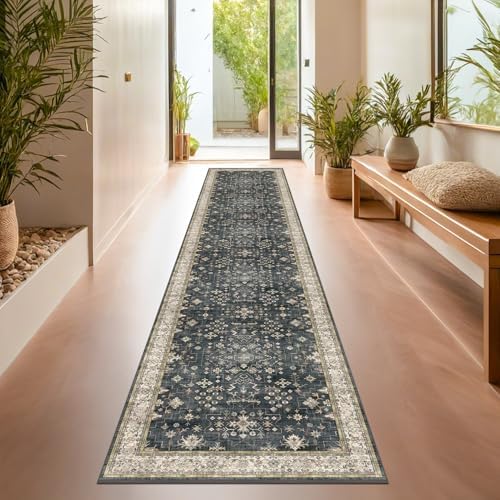 Hazo Haus Black Boho Washable 3x20 Extra Long Runner Rug for Hallway, Waterproof Large Kitchen Floor Rug, Non-Slip Stain & Fade Resistant, Vintage Floral Decor by HazoHaus