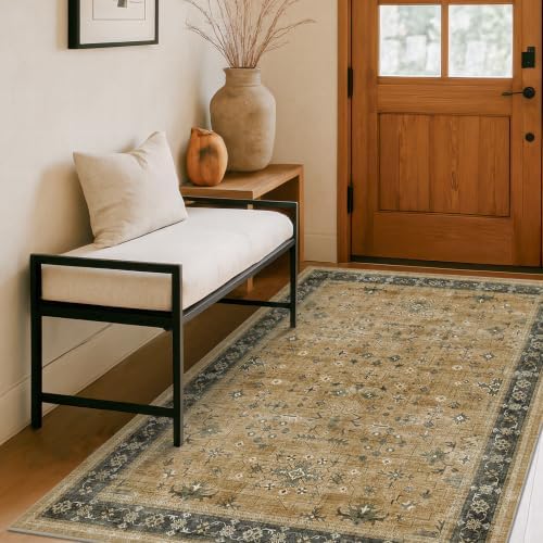 Boho Earth 4x6 Large Entryway Rug - Washable Rustic Brown and Charcoal Olive Mudroom Area Rug, Modern Vintage Kitchen Floor Carpet, Low Pile Non-Slip Carpet for Door Mat Indoor Entrance by HazoHaus