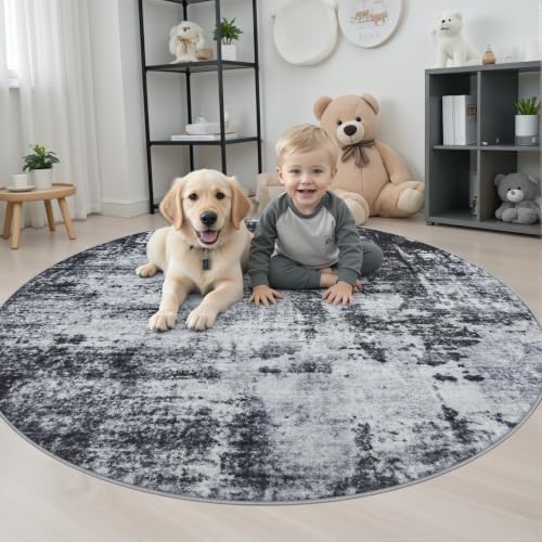 Round Area Rug Living Room: 5 ft Modern Washable Carpet Dark - Image 3