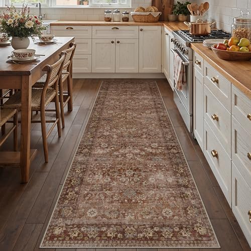 HUGEAR 3x10 Brick Red Vintage Floral Washable Runner Rug for Hallway by HUGEAR