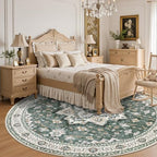 Round Area Rug for Living Room: 4ft Boho Washable Rug Green Ivory - Image 4