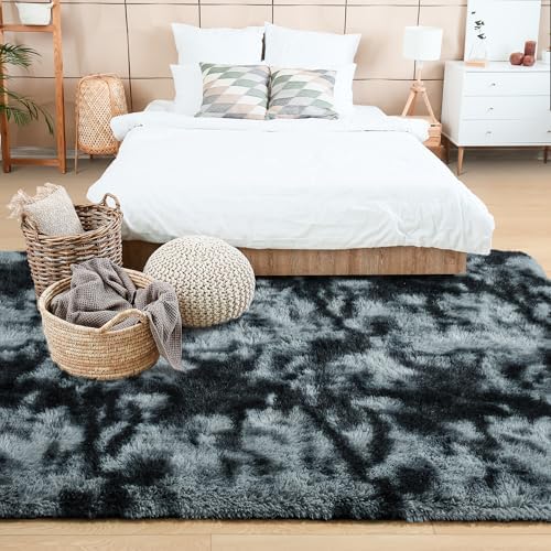 Noahas 5x7 Tie-Dyed Black and Grey Fluffy Area Rug Non-Slip for Living Room - Image 3