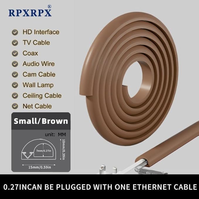 RPXRPXSide Open One Cord Cable Raceway Wire Cover for Cords, Our Cable Track is Best Suited for one Wire (Diameter <0.27"),Wire Raceway Management Cable Concealer Channel (Brown, 196in)