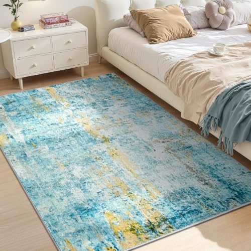 Entryway Rug 3x4 Teal Blue Bedroom Area Rug Washable Non Slip Abstract Boho Rugs for Indoor Entry, Kitchen, Classroom, Bathroom, Kids Girls Room, Office, College Dorm Small Carpet - Image 3