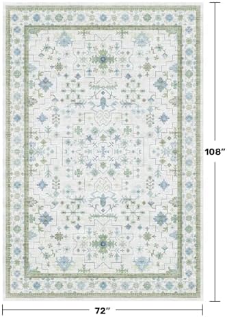 Hazo Haus Cream Oushak 6x9 Bedroom Rug - Boho Floral Cool Blue and Green, Washable Low Pile Non-Slip Ultra-Thin Large Area Rugs for Bed Room, Living Room, Playroom - Image 2