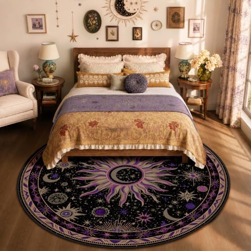 Vacuum-Friendly, Round 8ft Washable Area Rug, Black Purple Beige by meejou