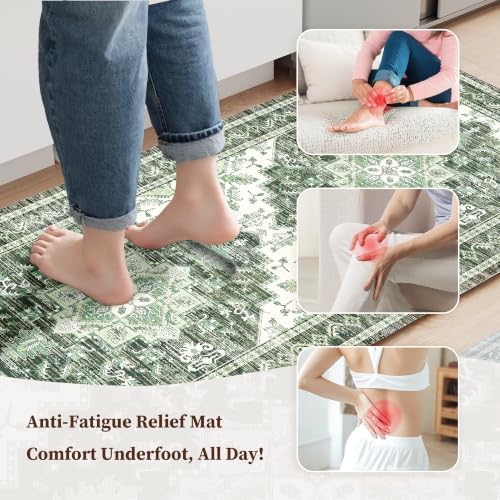 Boho Kitchen Mats for Floor 2PC Anti Fatigue Kitchen Rugs, Green - Image 3