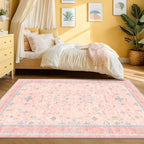 Pink Rugs for Bedroom Girls, 5x7 Washable Area Rug for Living Room Nursery Kids Baby Playroom Indoor Decor, Oushak Floral Vintage Low Pile Boho Non Slip Foldable Carpet - Image 6
