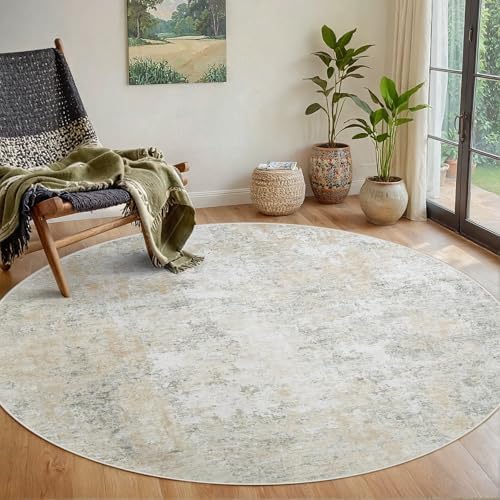 Aelenmu Round Rug 5ft Washable Rug for Dining Room Living Room Beige Grey by Aelenmu