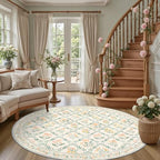 PLHXFR Round Area Rug Living Room: 6 ft Floral Washable Carpet Beige Multi - Image 2