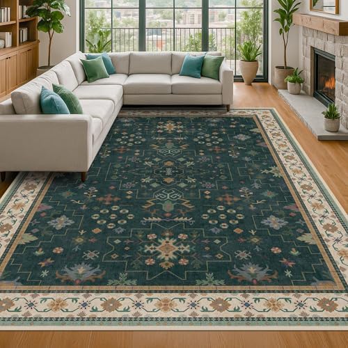 Hazo Haus Vintage 8x12 Large Area Rugs for Living Room - Oriental Dark Green Rug for Bedroom Under Bed, Washable Soft Dining Room Rug Under Kitchen Table, Low Pile Non Slip Unique Indoor Décor - Image 6