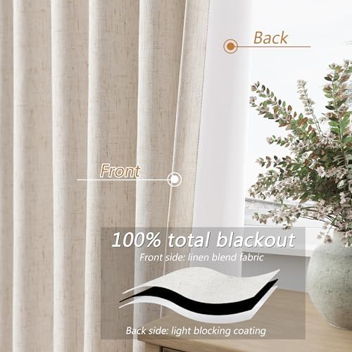 Guken 100% Blackout Linen Curtains 86 Inch Long for Bedroom 2 Panels Beige - Image 3