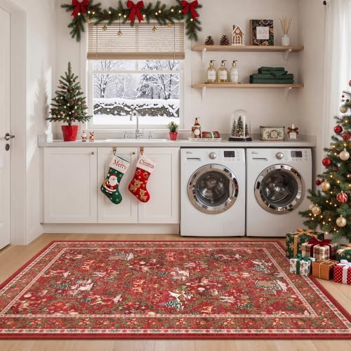 3x5 Christmas Kitchen Rugs for Living Room,Washable Area Rug,Red - Image 3