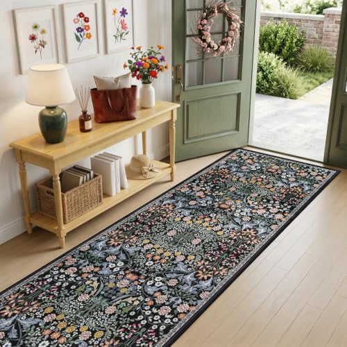 PLHXFR 2.6x14 Washable Runner Rug：Floral Indoor Kitchen Carpet Dark Black - Image 2