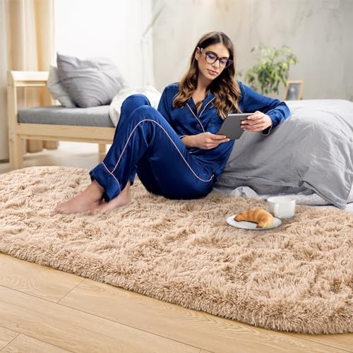 Noahas 2.6x5.3 Beige Fluffy Soft Oval Rug Non-Slip for Bedroom Dorm Hallway - Image 3