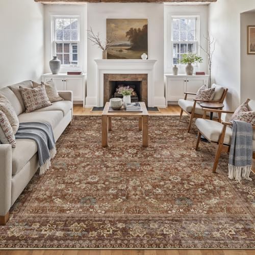 HUGEAR 6x9 Brick Red Vintage Floral Washable Area Rug for Living Room by HUGEAR