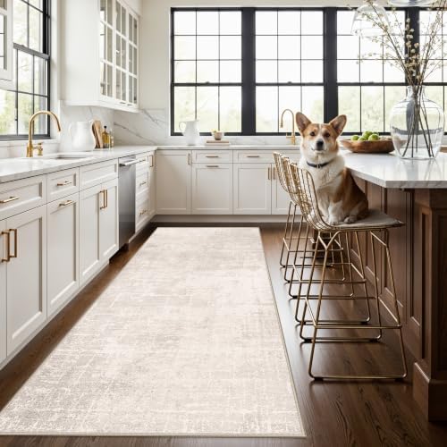 Washable 4x8 Hallway Area Rug: Abstract 8ft Water Resistant Soft Entry Kitchen Runner Rug Non-Slip Low Pile Carpet for Living Room Bedroom Thin Floor Mat for Bathroom Dining Room(4x8，Beige/Cream) - Image 4