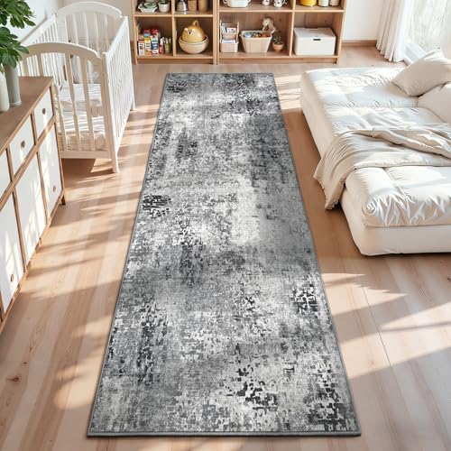 2x12 Grey Rug Runners for Hallways Kitchen Runner Rug Non Slip Washable Black Long Runner Rugs with Rubber Backing Soft Abstract Carpet Runner for Bedroom, Kitchen, Bathroom, Entryway by OmpaaHomeDecor
