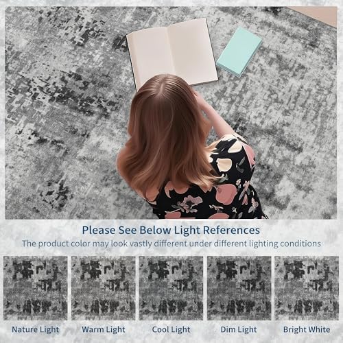 Living Room Rug 9x11 Gray Area Rugs Machine Washable Abstract Boho Large Rug Non-Slip Non-Shedding Faux Wool Indoor Vintage Carpet for Bedroom, Classroom, Dining Room, Kids Playroom - Image 3