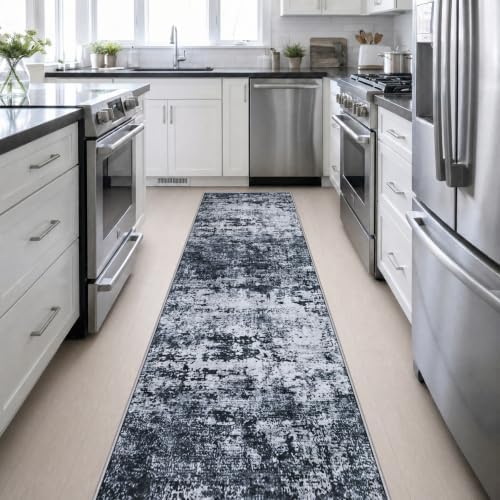2.6x14 Washable Runner Rug:Modern Abstract Indoor Carpet Black - Image 5