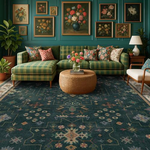 Hazo Haus Dark Green Oushak Living Room Rug 10x14 - Modern Vintage Boho Eclectic Floral Pastel, Washable Low Pile Non-Slip Extra Large Area Rugs for Dining Under Table Bedroom Lounge by HazoHaus