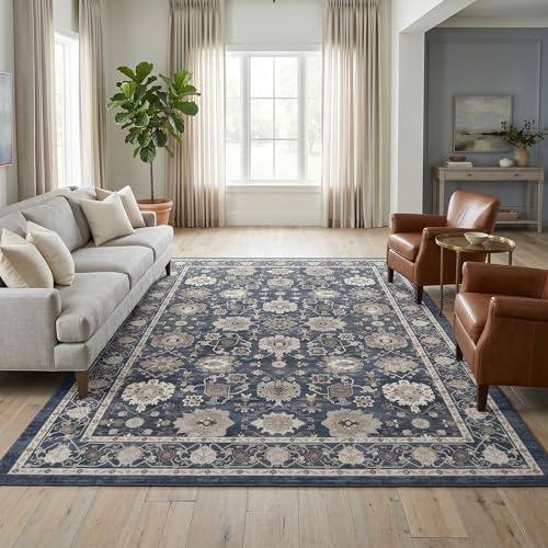 Amada Vintage Washable Area Rug,9'x12',Navy Blue/Brown - Image 3