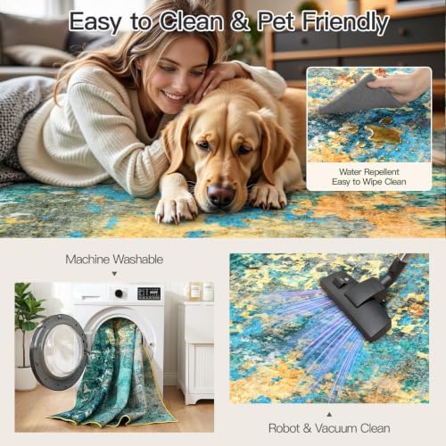 9x12 Area Rug for Living Room, Abstract Washable Large Rugs, Teal/Orange - Image 4