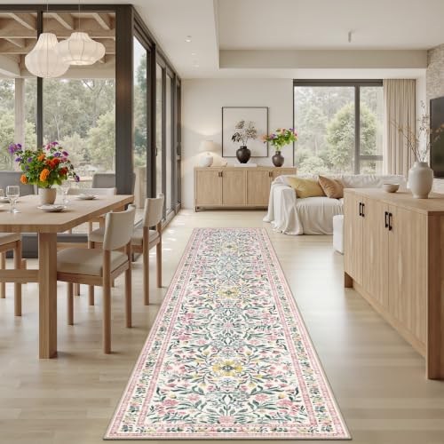 PLHXFR 2.6x10 Washable Runner Rug：Floral Indoor Kitchen Carpet Pink Green - Image 4