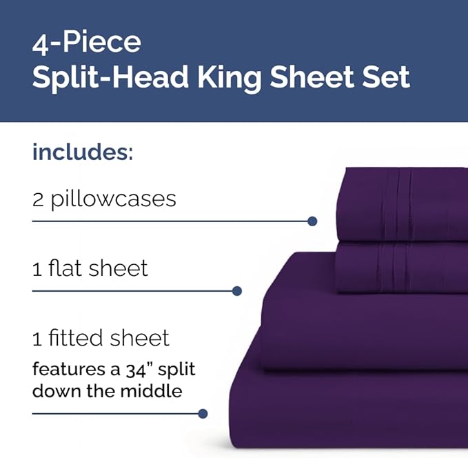Split Head King Sheet Set – 4 Piece Flex Split Top King Sheets for Adjustable Beds - Fits 14” to 16" Mattress w/ Deep Pockets - Soft, Breathable & Cooling - Luxury Bedding and Wrinkle Free - Purple