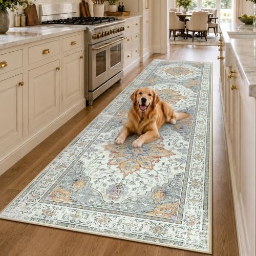 RELEANY Washable Area Rug, Runner 3'x9', Beige/Carbon Grey/Orange by RELEANY
