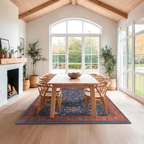 Navy Blue Large Area Rugs 8x12 Living Room, Geometric Floral Rugs for Dining Room Under Table - Washable Low Pile & Soft Carpet for Bedroom - Vintage Boho Stain Resistance Indoor Décor - Image 6