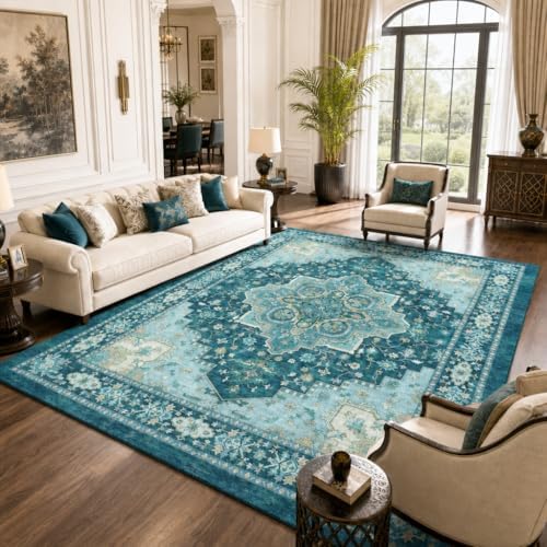 Amada Vintage Washable Area Rug,8'x10',Teal Blue by AMADAHOMEFURNISHING