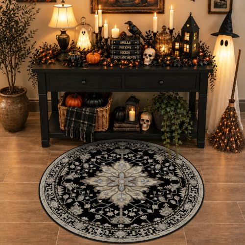 RELEANY Washable Area Rug, Round 6ft, Black/Neutral by RELEANY