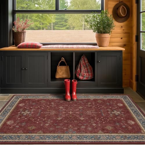 Washable 3x5 Entry Way Rugs Indoor - Burgundy Large Kitchen Rug, Non Slip Unique Bohemian Red Low Pile Thin Carpet for Bedroom Bedside, Foyer - Image 6