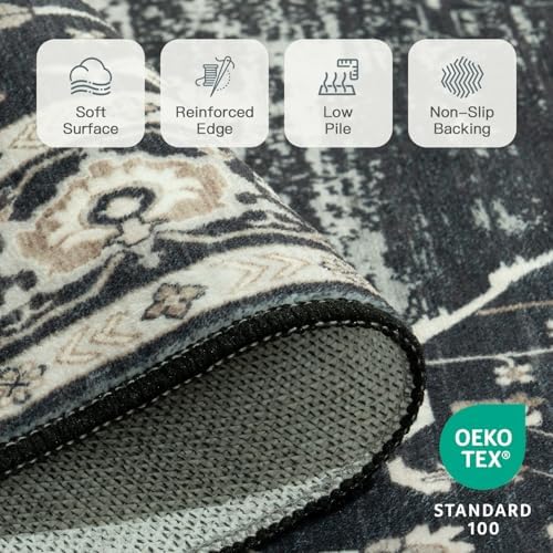Lofus 8x10 Washable Rugs Non-Slip, Vintage Floral Area Rug for Living Room Bedroom Dining Room Kitchen, Low Pile Distress Print Medallion Carpet Home Decor Rug, Black Beige - Image 5