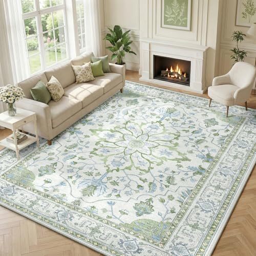 RELEANY Washable Area Rug, Large 9'x12', Green/White/Blue - Image 2