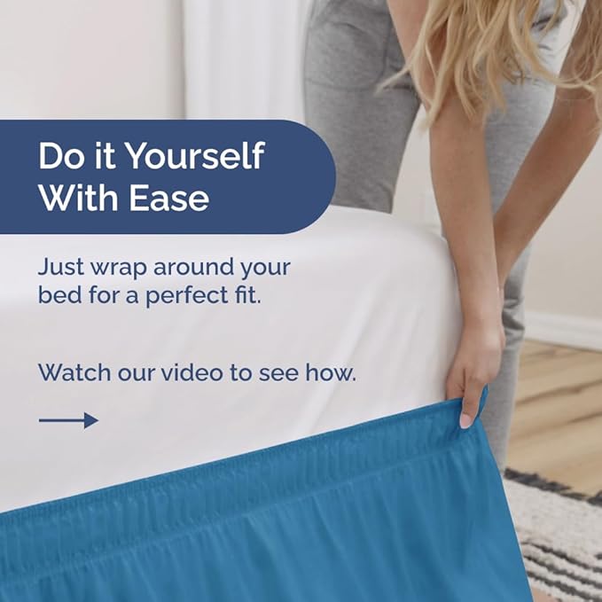 Wrap Around Dust Ruffle Bed Skirt - Denim Blue - Twin/Twin XL Size Beds with 18 Inch Drop - Elastic Strap - Adjustable Pleated Bedskirt with Brushed Fabric and Wrinkle Free - Women, Men, Kids & Teens
