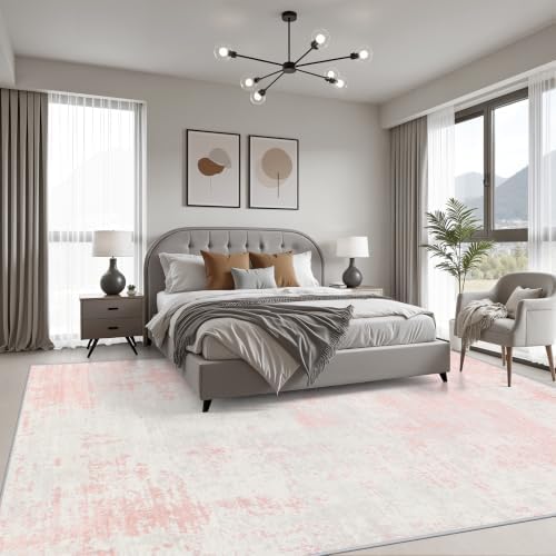 10x14 Area Rug Living Room: Modern Washable Soft Carpet Pink White - Image 3