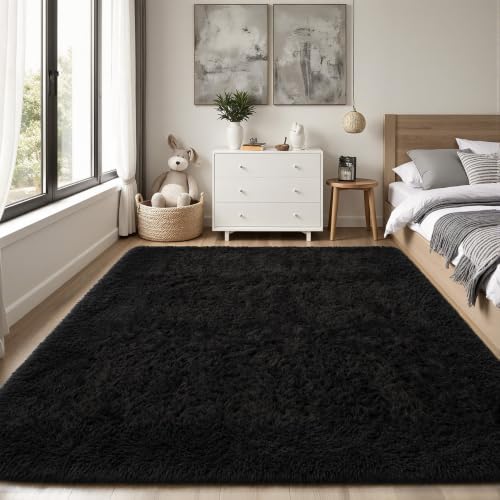 PLHXFR 4x6 Area Rugs Living Room: Fluffy Bedroom Rug Shag Carpet Black - Image 2