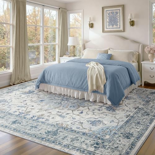 RELEANY Washable Area Rug, 8'x10', Blue/White/Gray - Image 3