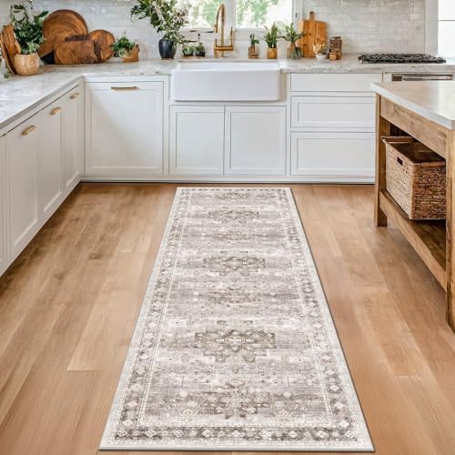 Hazo Haus Boho Bathroom Rug 2x5 Runner, Neutral Farmhouse Kitchen Rugs, Small Throw Runners for Laundry Room Bedroom, Vintage Floral Décor, Non-Slip Low-Pile Washable Stain Resistant Beige Latte - Image 6