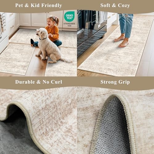 2x6 Runner Rug Hallway Washable, Non Slip with Rubber Backing Carpet for Kitchen Bathroom Neutral Moroccan Vintage Oriental Distressed Area Rugs for Bedroom Laundry Room Entry Entryway, Cream/Beige - Image 5