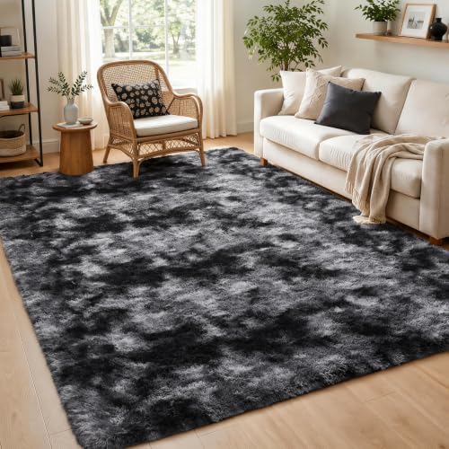 Ophanie Tie-Dyed Black & Grey Area Rugs 5x8 for Bedroom Living Room, Fluffy Shag Fuzzy Carpet, Plush Shaggy Rug, Indoor Carpet for Kids Boys Dorm Home Decor Aesthetic, Nursery with 99 pcs Pile fibers - Image 5