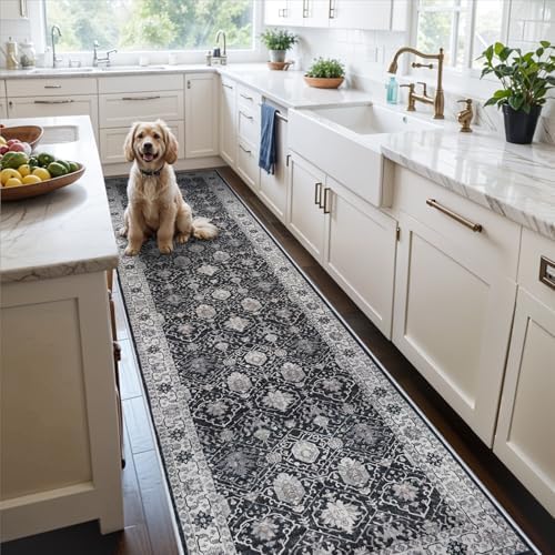 Hallway Washable Runner Rug - 3x10 Kitchen Rugs Entryway Rug Runner Vintage Soft Floor Mat Non Slip Indoor Farmhouse Carpet for Bathroom Living Room Bedroom (3 X 10, Black) by HYHAOYUNLAI