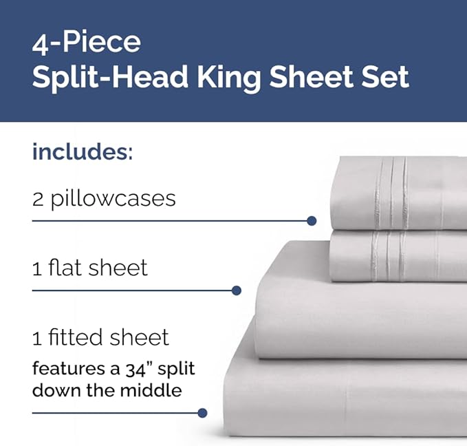 Split Head King Sheets Set - Top Split King Sheets for Adjustable Beds, Easy-Fit Split Head King Mattress - Flex Split Top King Sheets, Easy-Fit, Breathable, Deep Pocket Split King Sheets - Light Grey
