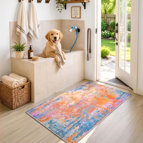 Entrance Rugs Indoor 2x4 Rainbow Entry Rug Washable Abstract Black Small Area Rug Non-Slip Low Pile Throw Rugs for Entryway, Kitchen Floor, Front Door Indoor Door Mat, Bathroom, Bedroom Bedside - Image 2