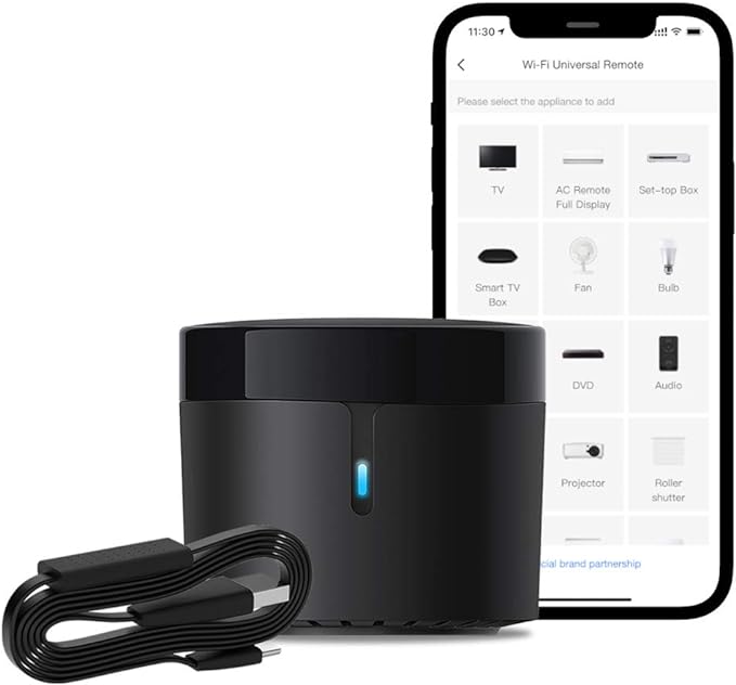 BroadLink RM4 mini Smart Remote and Sensor Cable Set RM4 mini S (2.4 GHz Wi-Fi Only), Universal IR Remote Control Hub with Temperature Humidity Monitor USB Cable, Works with Alexa