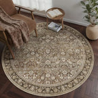 HUGEAR 5ft Round Brown Vintage Floral Washable Rug for Living Room by HUGEAR